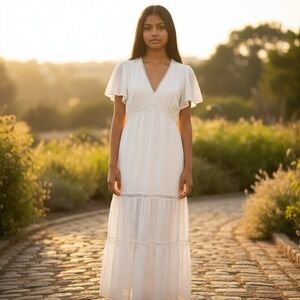 Knox Rose Women L Prairie Fairy White Boho Maxi Textured Dot Tiered Short Sleeve